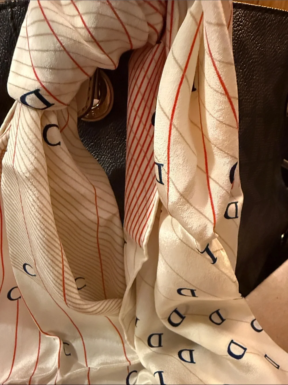 Vintage Christian Dior Logo Scarf in Ivory, cream Blue & Red